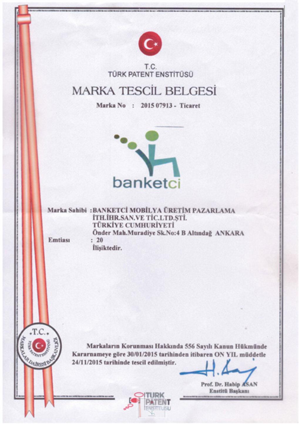 Marka Tescil Belgesi — Türk Patent Enstitüsü — Banketçi Mobilya